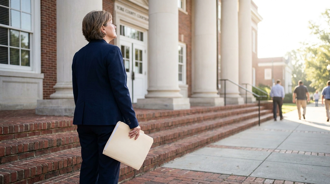 Probate Attorney Outside Fort Mill SC Courthouse female attorney holding legal folder standing outside county courthouse entrance