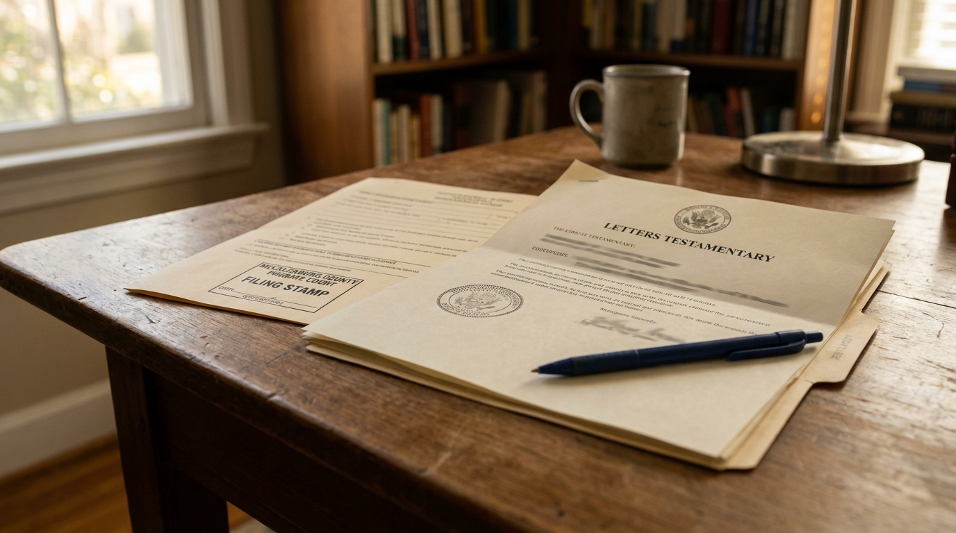 Letters Testamentary Mecklenburg County Probate Court Charlotte NC Letters Testamentary document with probate court filing stamp and pen on wooden desk