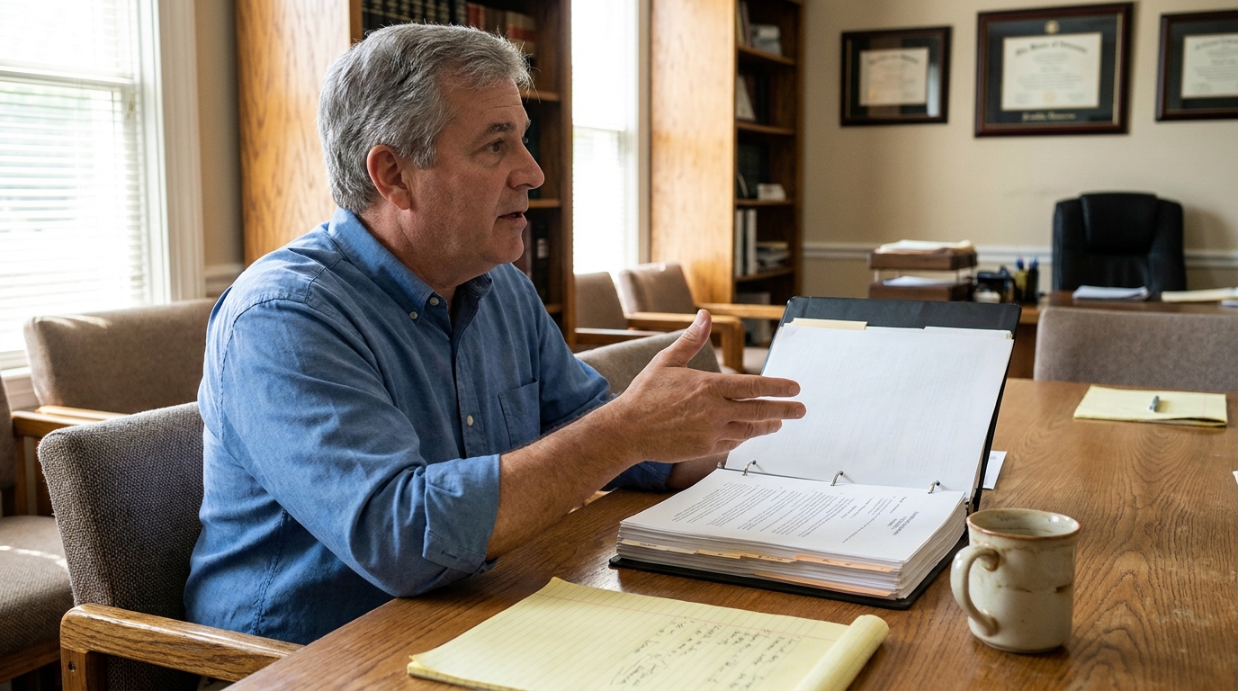 Elder Law Attorney Reviewing Miller Trust Documents Franklin TN attorney gesturing over open binder with legal documents at conference table