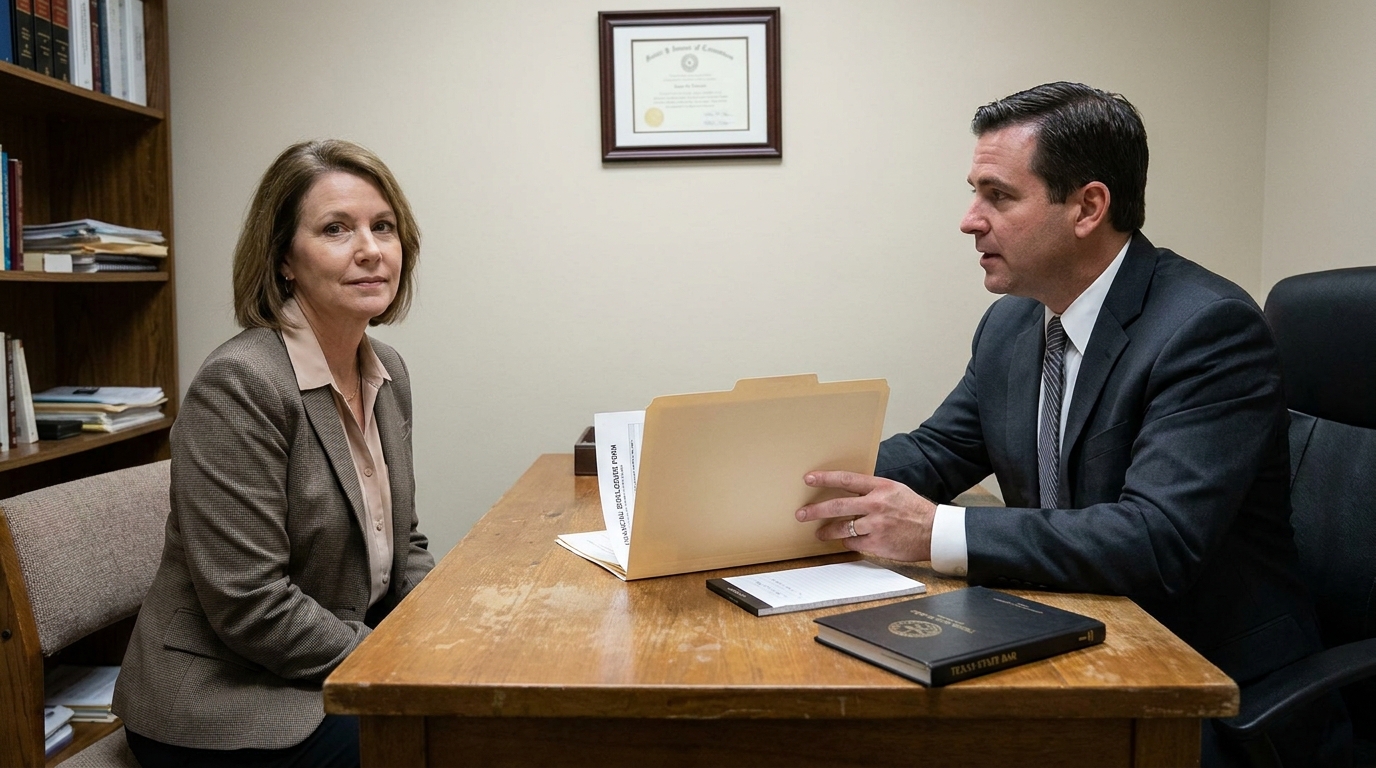 attorney holding case folder across desk with client, Texas State Bar book visible