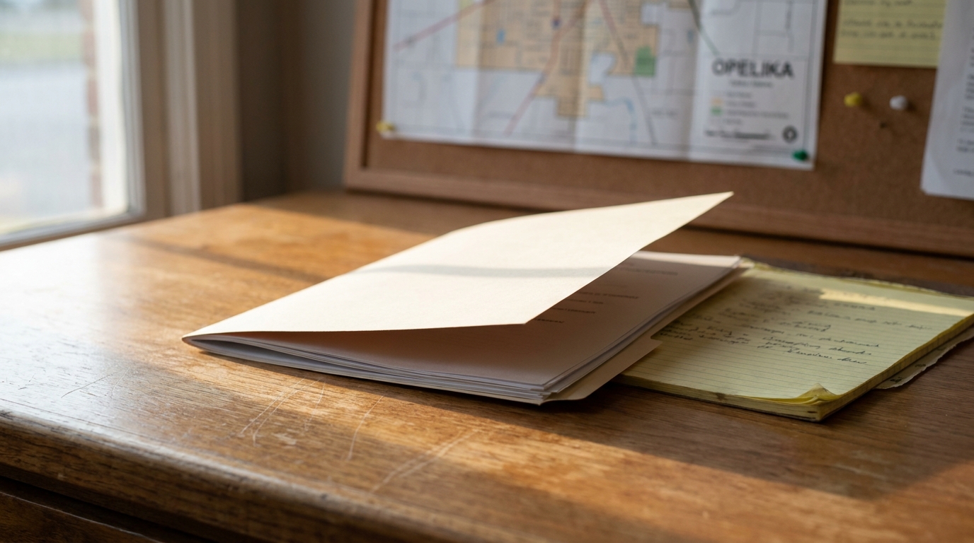 Summary Distribution Probate Documents Opelika AL Attorney Desk open legal folder with documents and handwritten notepad on wooden desk