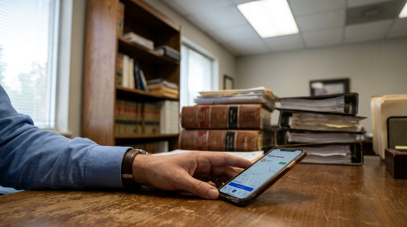 Charlotte Probate Attorney Reviewing Cryptocurrency Digital Assets attorney holding smartphone displaying crypto assets app on law office desk