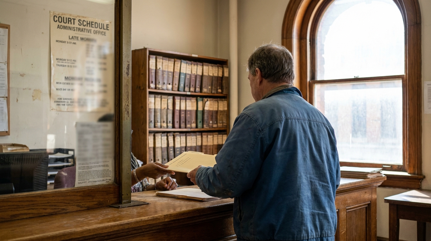Filing Probate Documents at Baltimore Orphans' Court man submitting legal documents at court administrative office clerk window