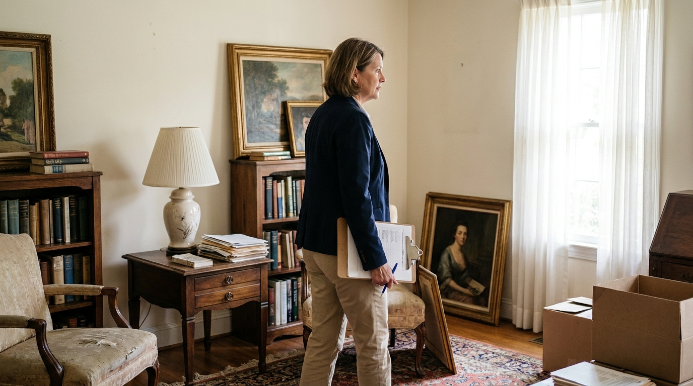 Personal Representative Conducting Estate Inventory Lake Wylie SC professional woman holding clipboard surveying estate room with paintings and antique furniture