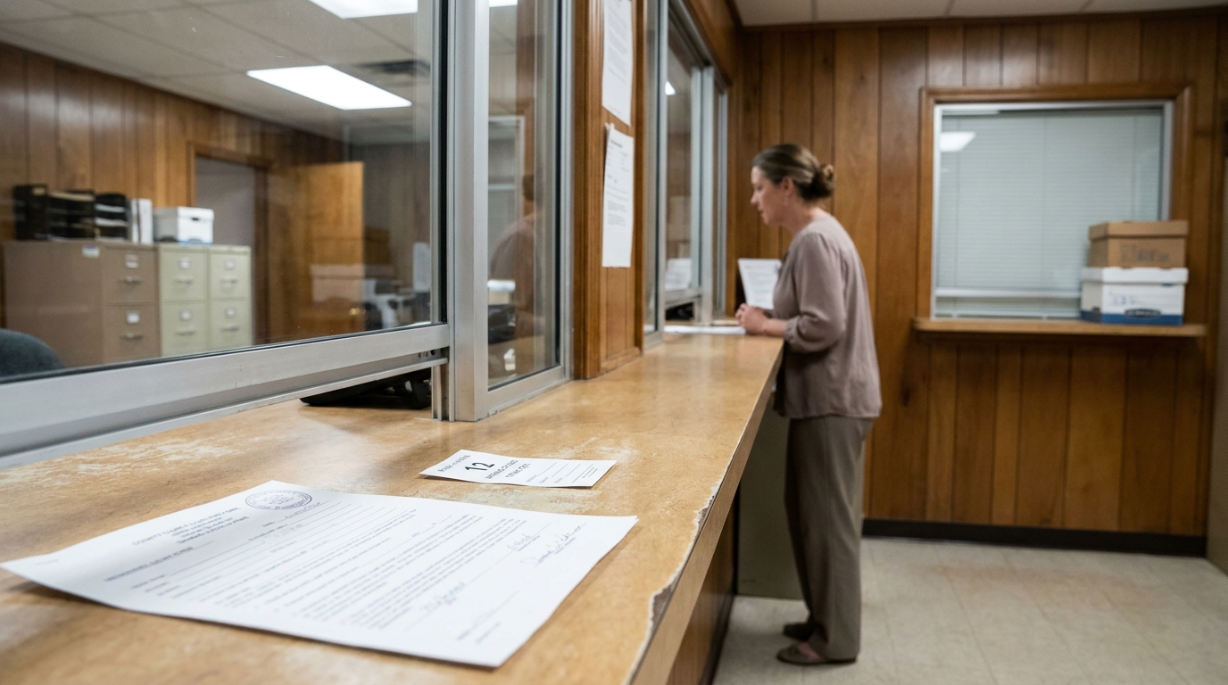 Woman Filing Informal Probate Documents at Fort Mill SC Courthouse woman standing at courthouse clerk counter holding documents with official papers on counter