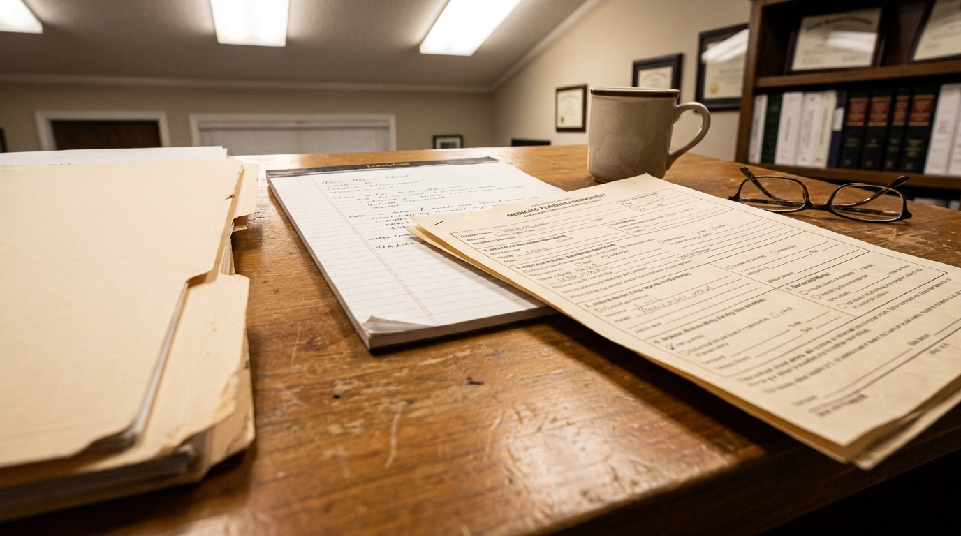 Medicaid Crisis Planning Documents on Elder Law Attorney Desk Franklin Tennessee legal case files, handwritten notepad, and eyeglasses on attorney's wooden desk