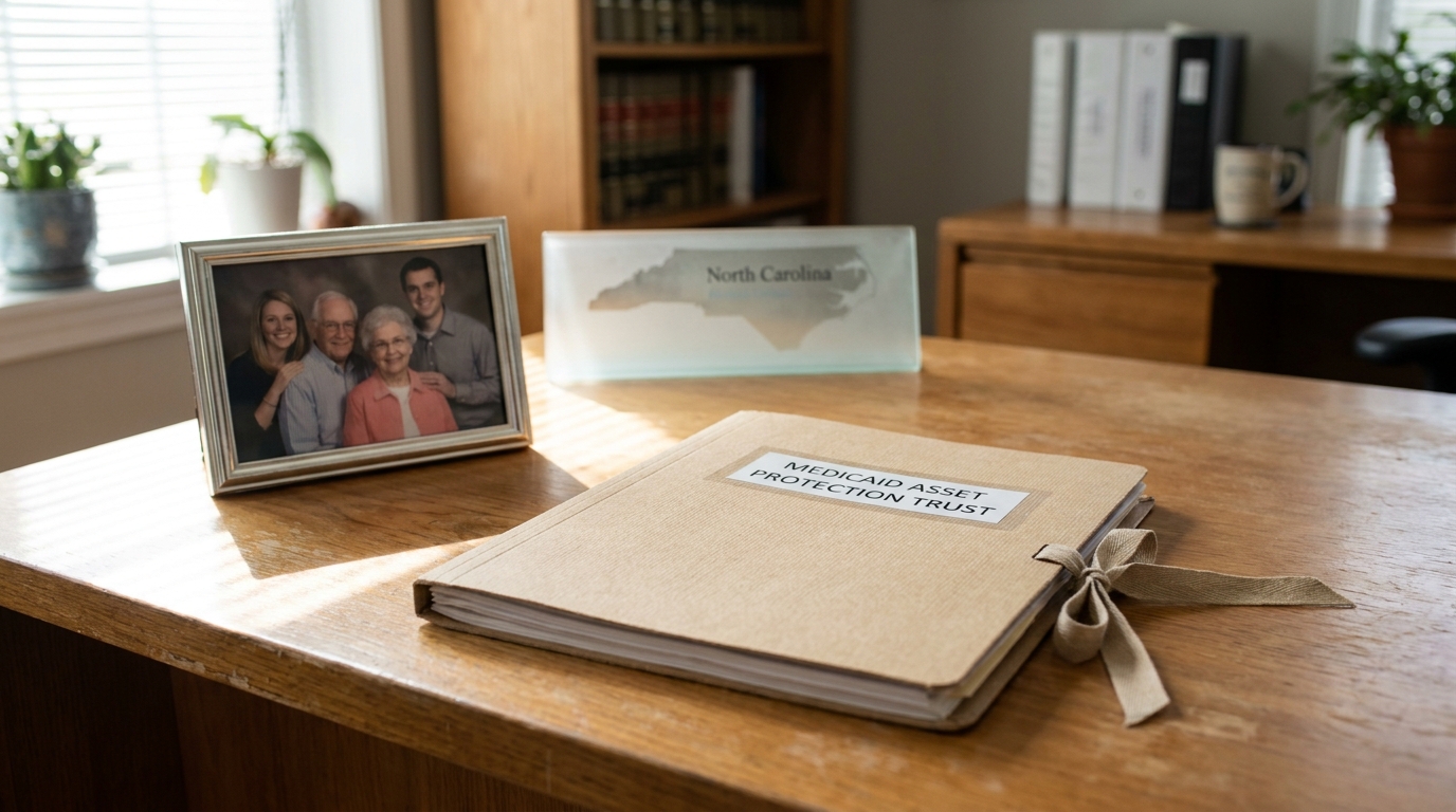 Medicaid Asset Protection Trust Documents Charlotte NC Elder Law Medicaid Asset Protection Trust document folder on desk beside North Carolina plaque and family photo