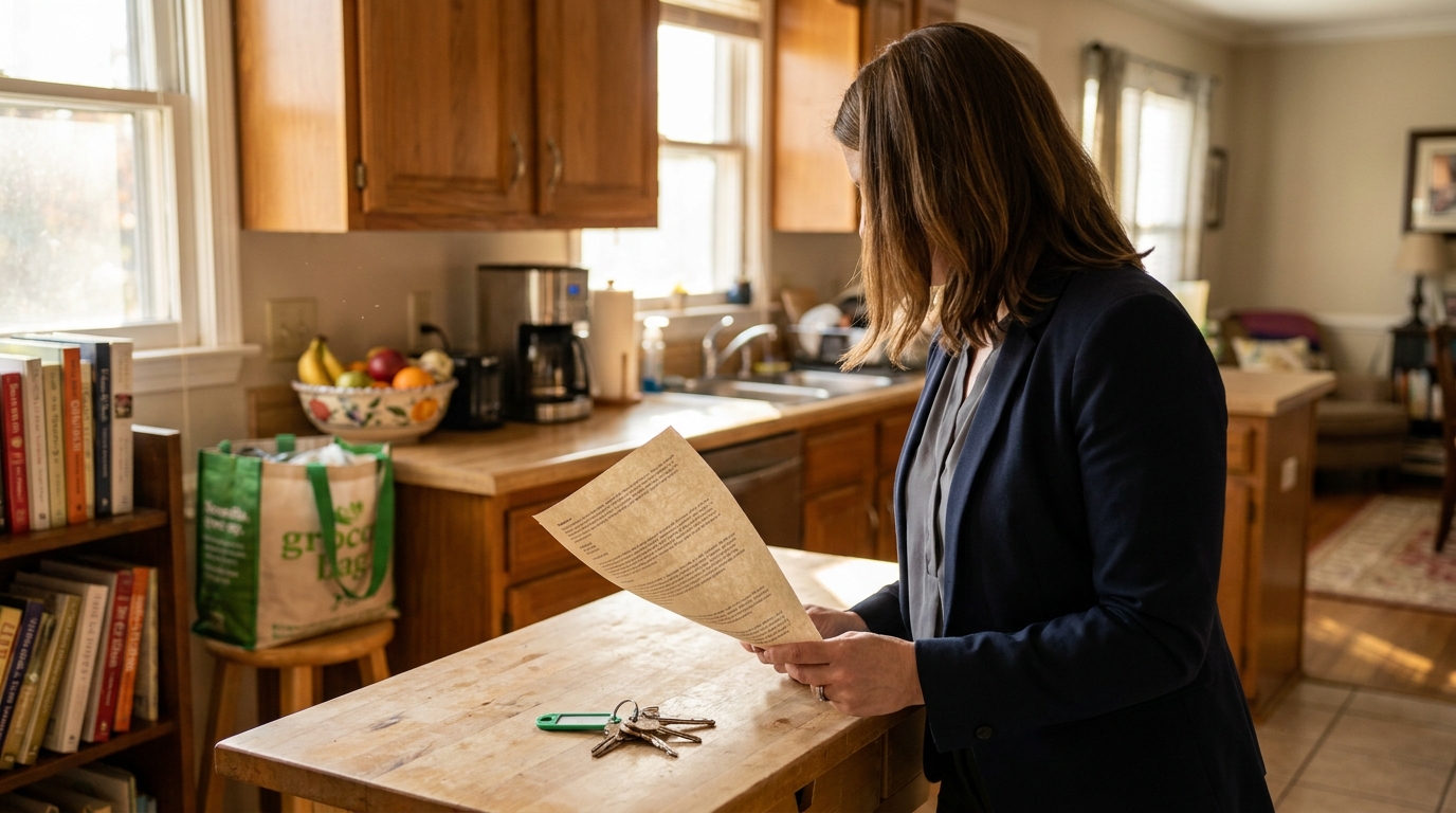 woman in blazer reading document at kitchen counter with keys nearby