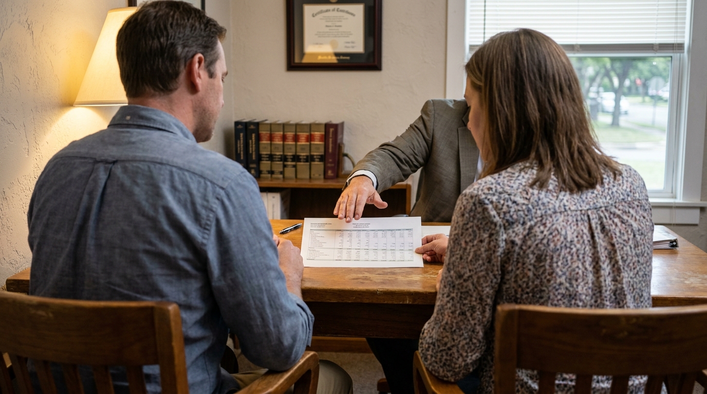 Austin Divorce Attorney Reviewing Mixed-Character Assets With Couple attorney pointing to printed document during client consultation in law office