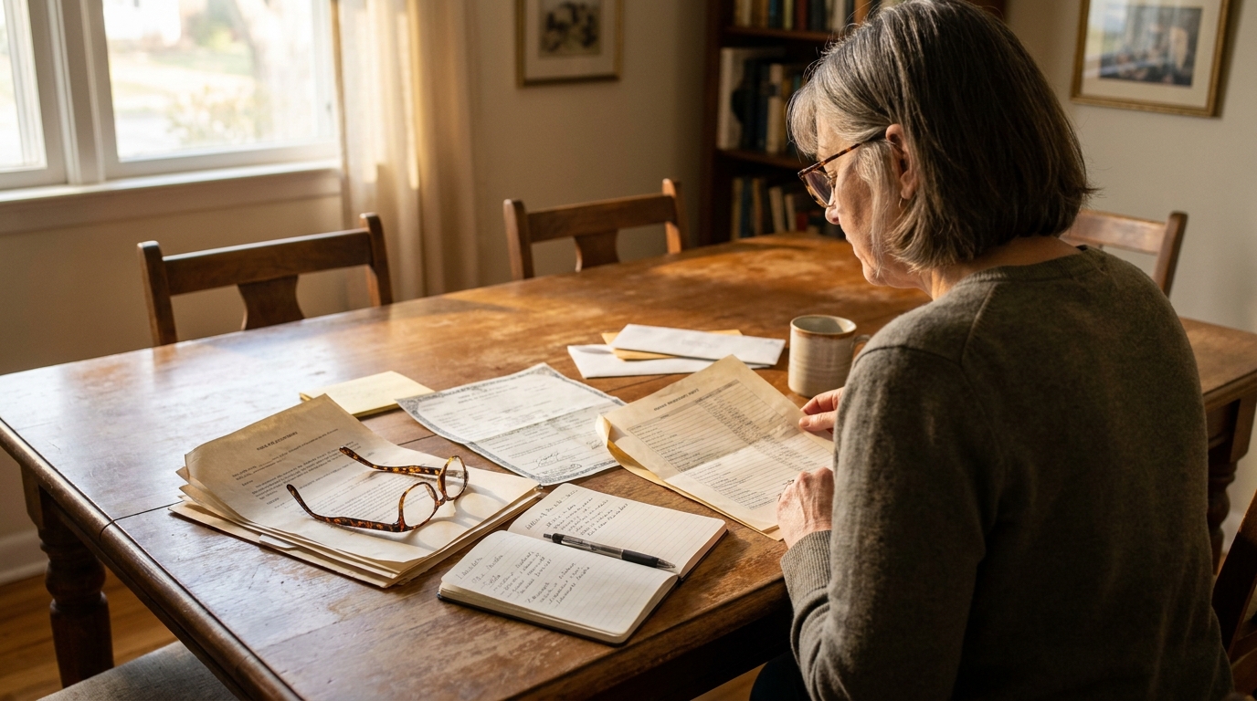 Executor Reviewing Probate Documents Lee County Alabama elderly woman reviewing legal documents and handwritten notes at wooden dining table