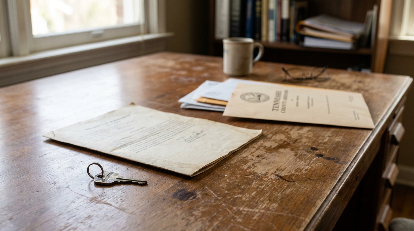 Tennessee Medicaid Home Documents and House Key Franklin TN Tennessee County Administration document and property key resting on wooden desk