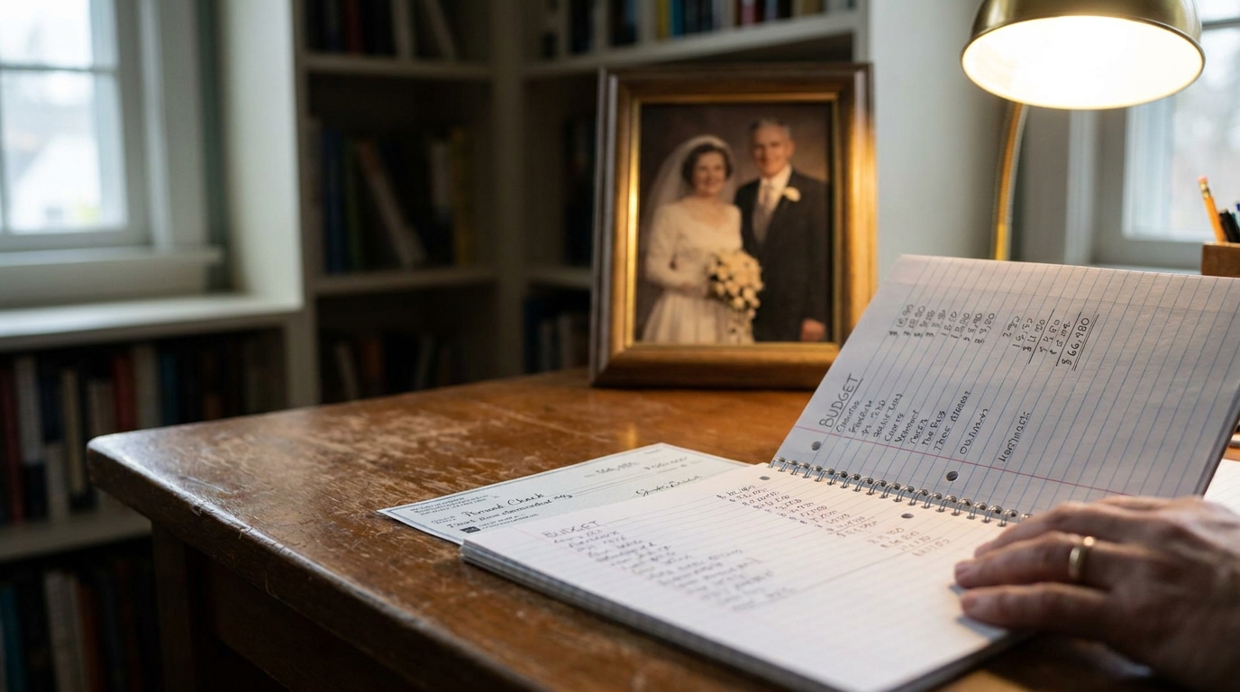 open budget notebook and personal check on desk beside framed wedding portrait