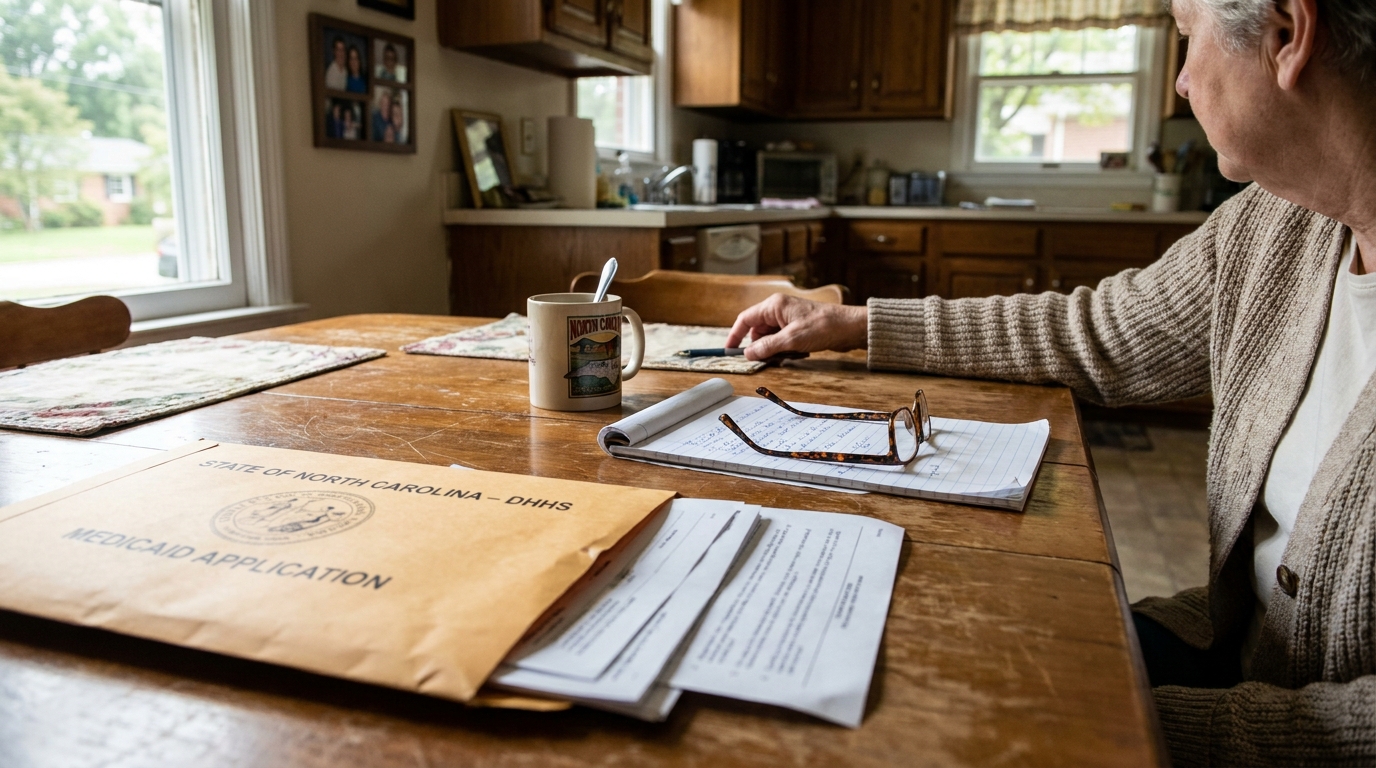 Elderly Woman Reviewing NC Medicaid Application at Home Charlotte elderly person at kitchen table with State of North Carolina Medicaid application documents
