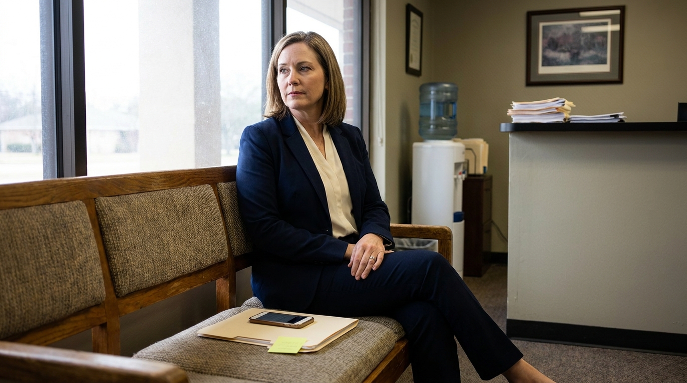 Woman Waiting in Texas Law Office After Divorce QDRO Filing professional woman in suit seated on bench with folder and phone in law office