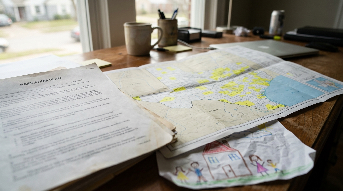 Texas Parenting Plan With Map Geographic Restriction Custody Parenting Plan document spread on desk alongside regional map and child's drawing