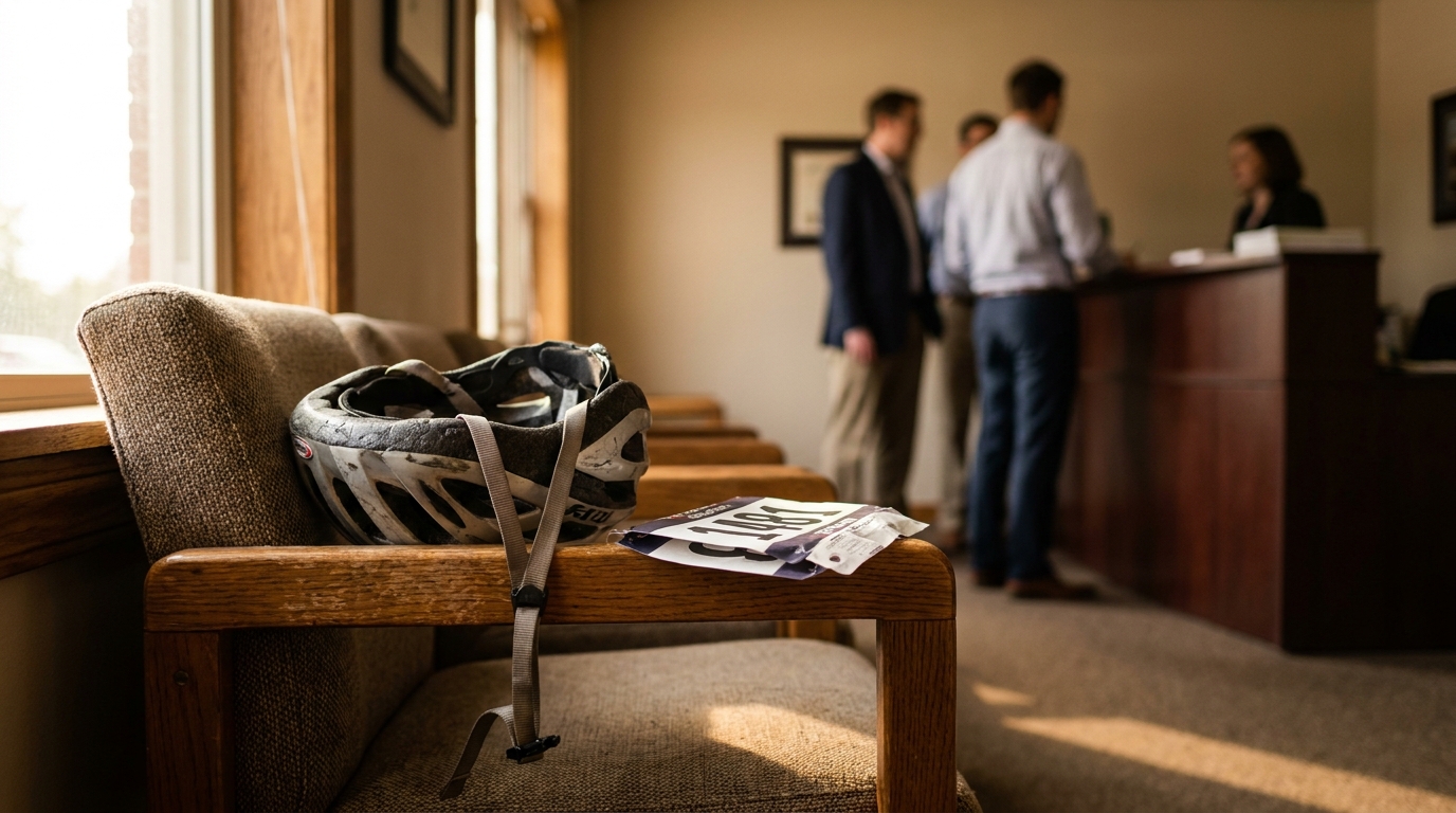 damaged bicycle helmet and documents on waiting room chair at law office reception