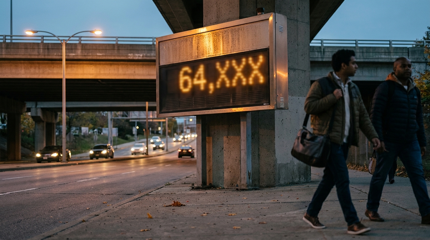 Dayton Ohio Montgomery County 64000 Car Accident Crashes 2025 electronic roadside sign displaying 64,XXX near highway overpass with pedestrians walking