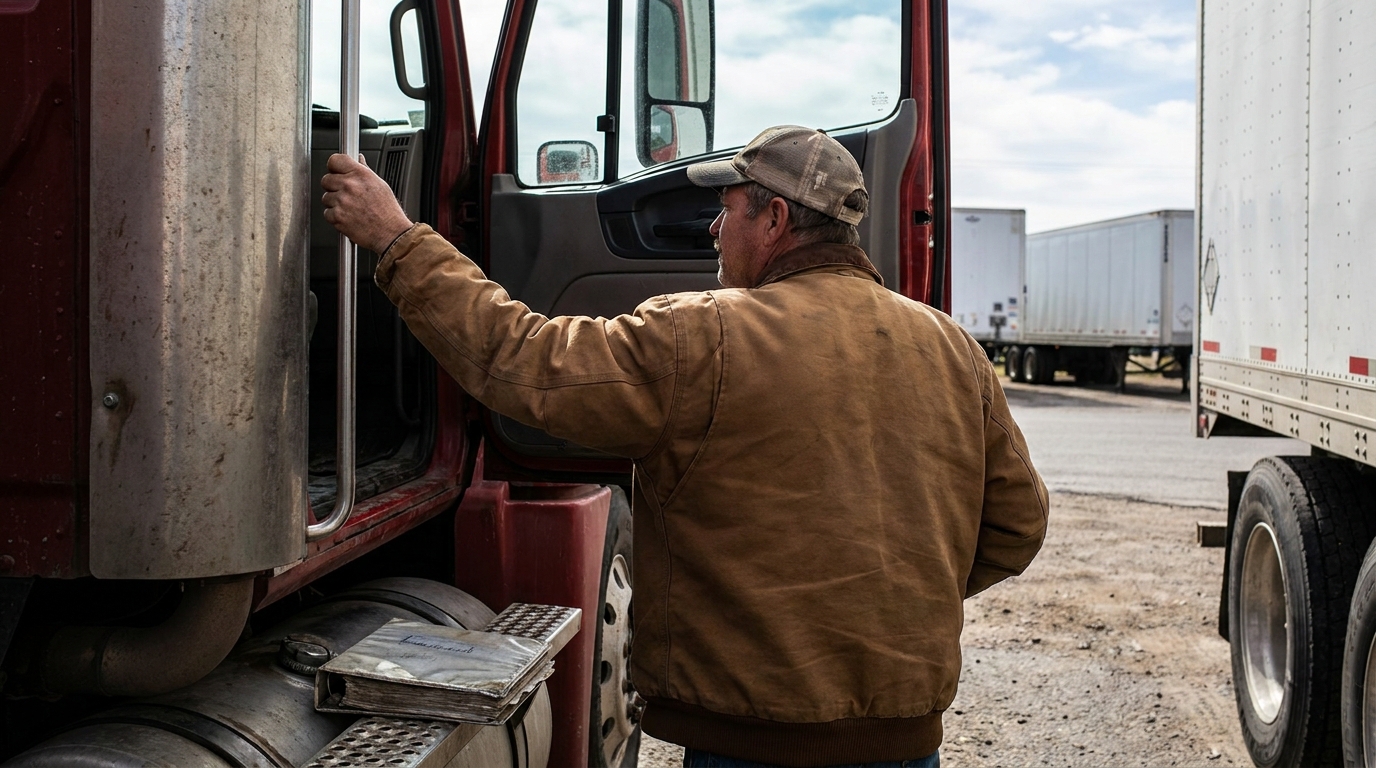 San Antonio Commercial Truck Driver Boarding 18-Wheeler truck driver in work jacket boarding commercial semi-truck cab at freight yard