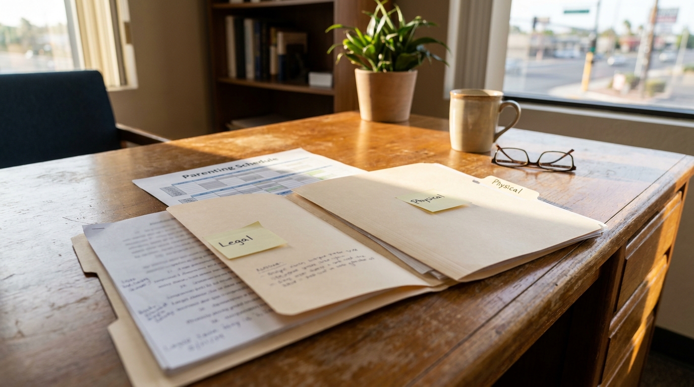 Legal and Physical Custody folders on Las Vegas Family Law Desk Legal and Physical custody folders with Parenting Schedule document on office desk