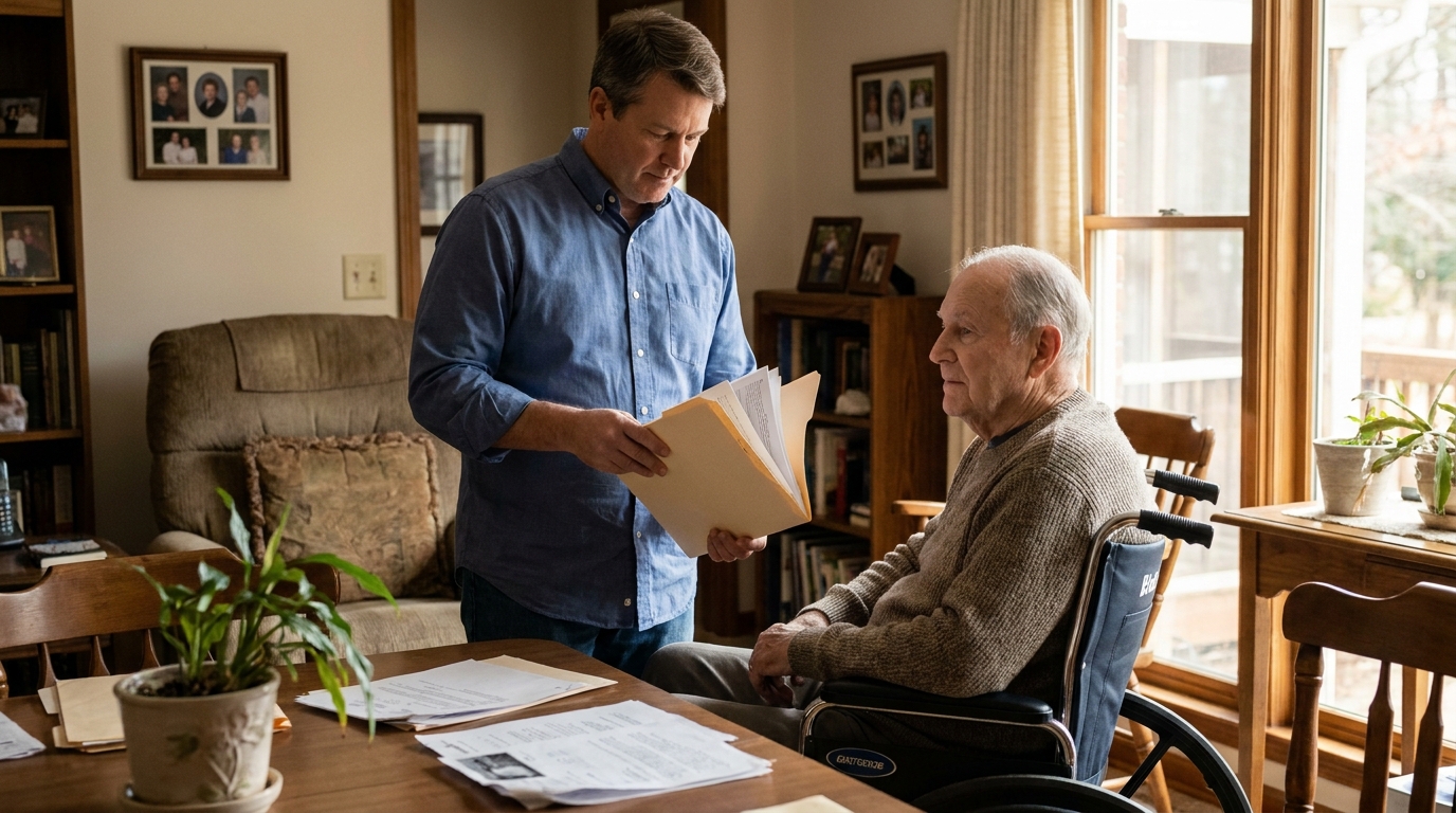 Medicaid Application Help for Elderly in Lake Wylie SC man reviewing documents with elderly wheelchair-bound person at home dining table