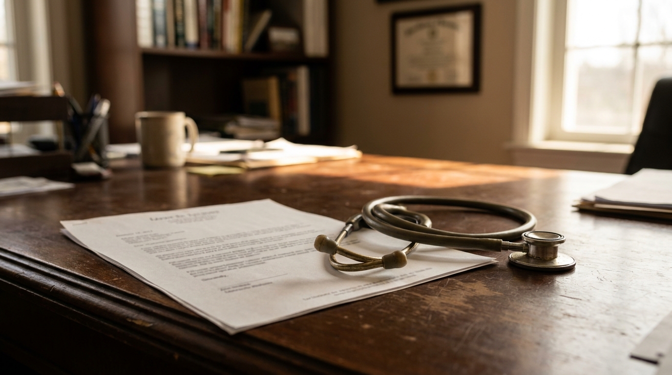 Florida Letter of Protection Medical Document and Stethoscope stethoscope resting on medical document atop wooden desk in office