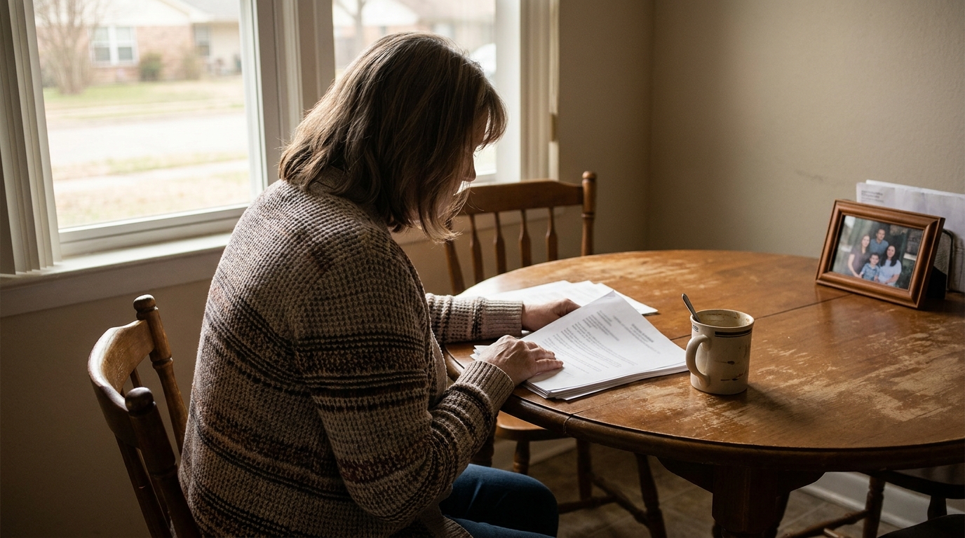 Fort Worth Widow Reviewing Wrongful Death Claim Documents woman reviewing legal documents at kitchen table beside framed family photo