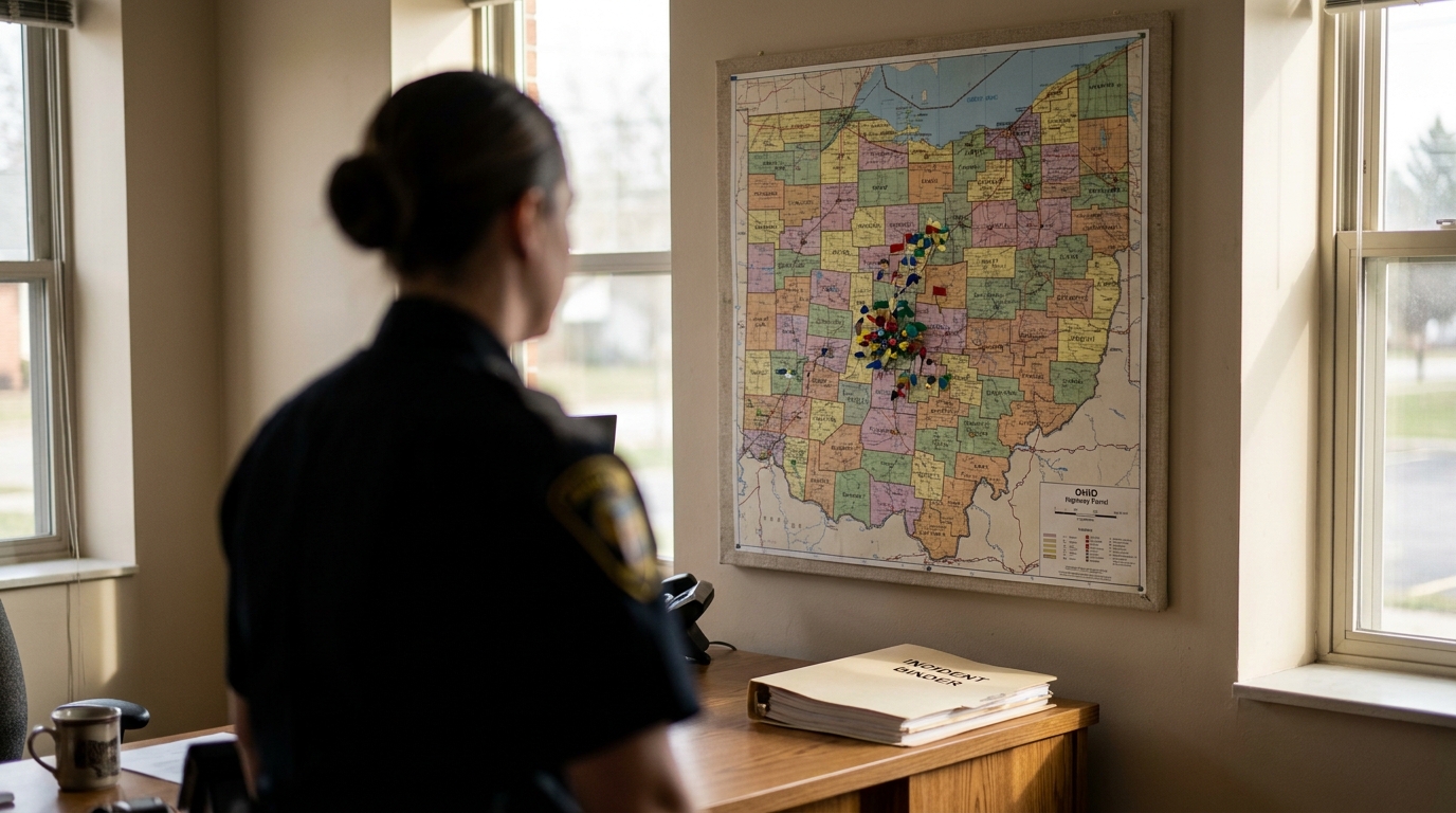 Officer Reviewing Ohio Fatal Crash Map Dayton uniformed officer facing Ohio Highway Patrol map with pins and incident binder on desk