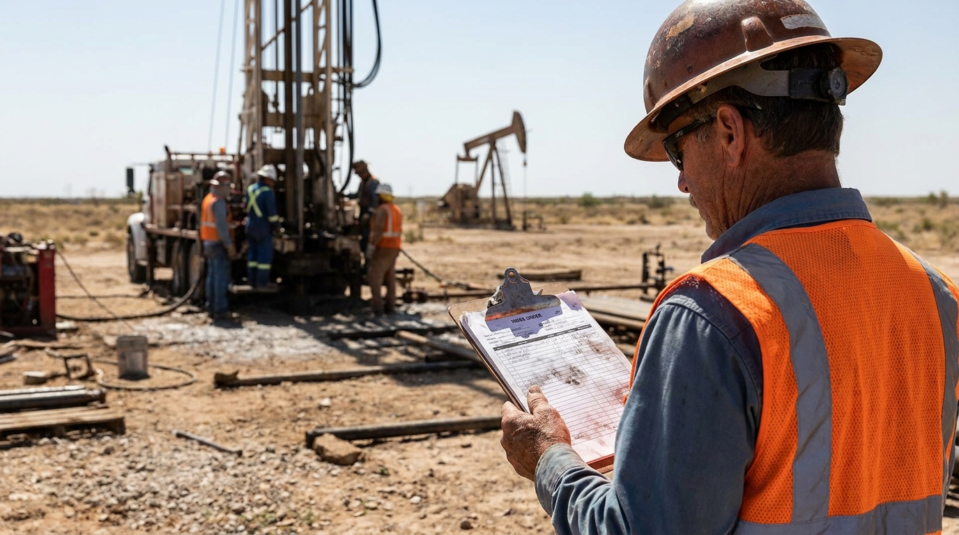 Permian Basin Oilfield Contractor Reviewing Work Order at Drilling Site oil field worker in hard hat reviewing work order clipboard at drilling site