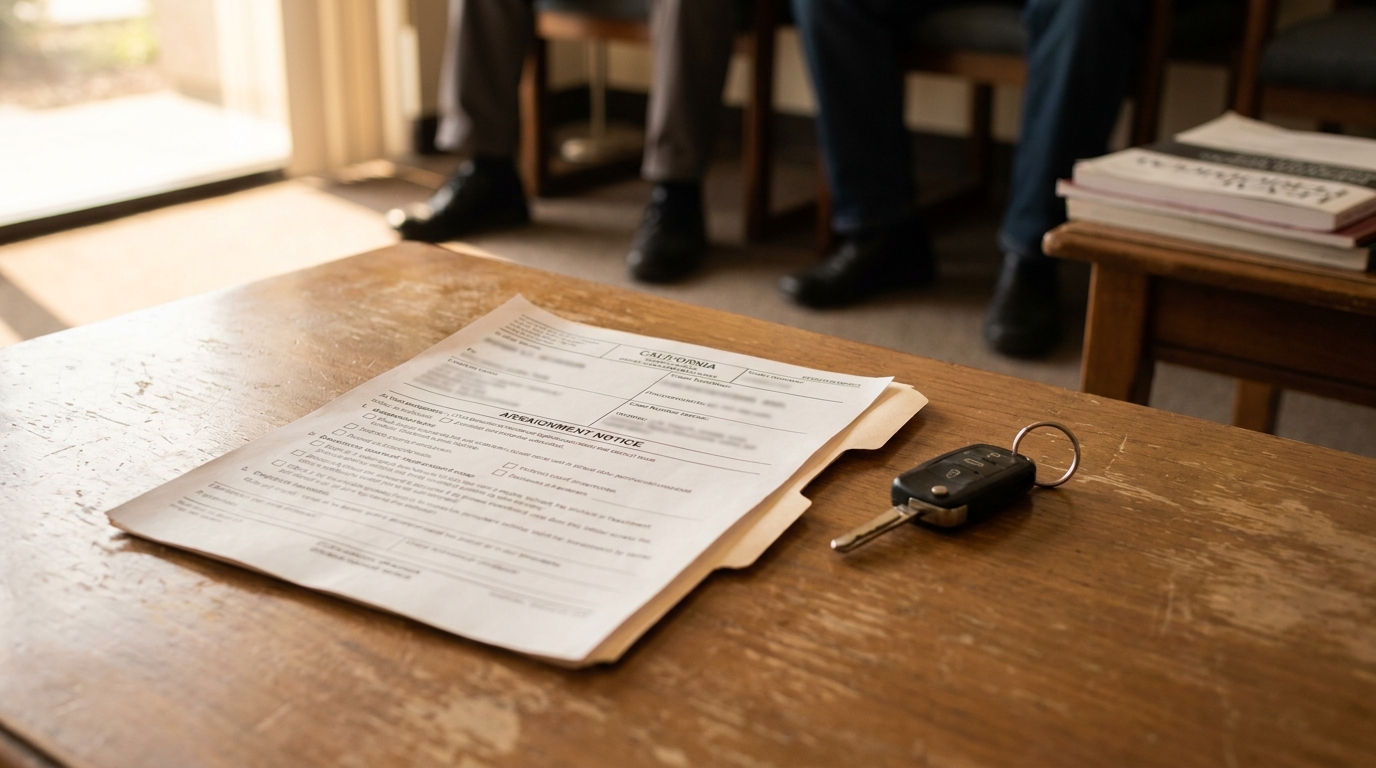 DUI Arraignment Notice and Car Keys Placerville CA California arraignment notice document and car keys resting on wooden table