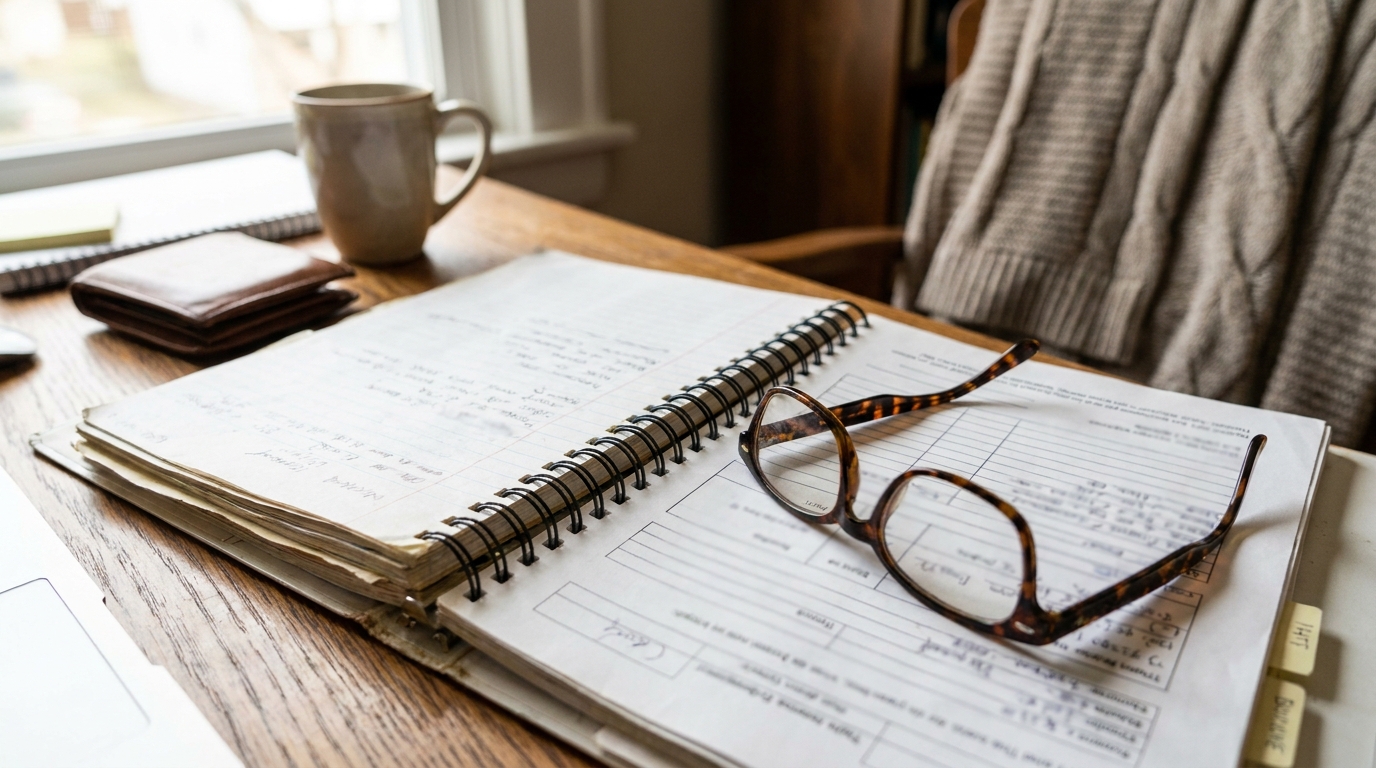 Elder Law Planning Documents and Notes Baltimore MD eyeglasses resting on open spiral notebook with handwritten notes on wooden desk