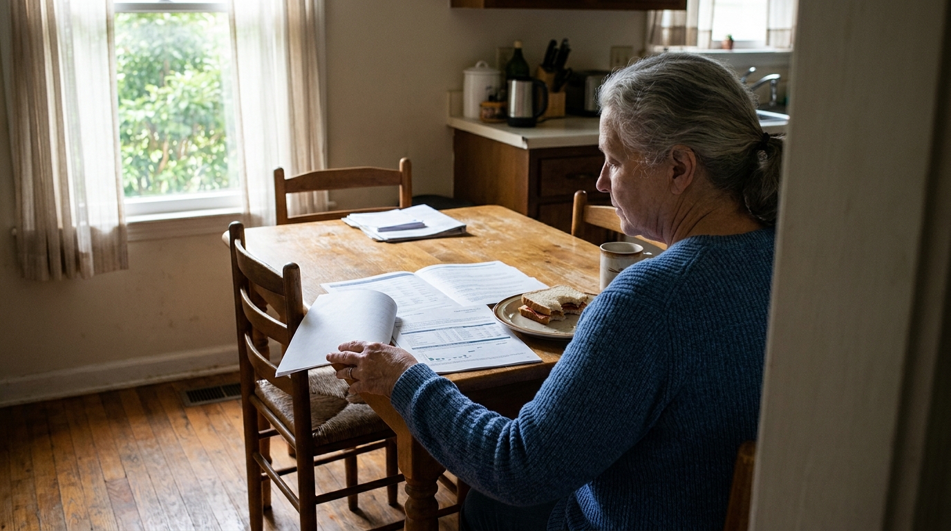 elderly woman reviewing documents and papers at wooden kitchen table