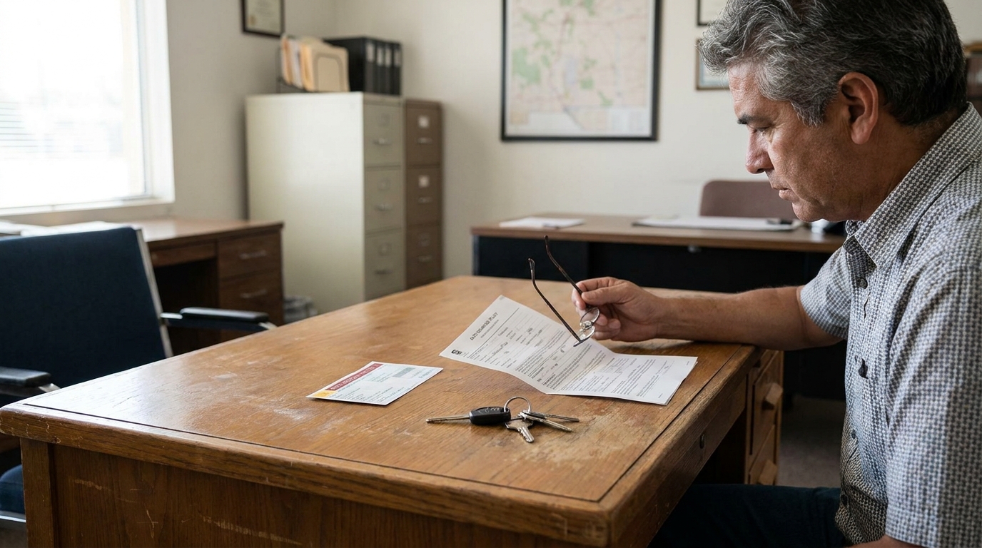 man holding glasses reviewing documents and car keys on wooden desk