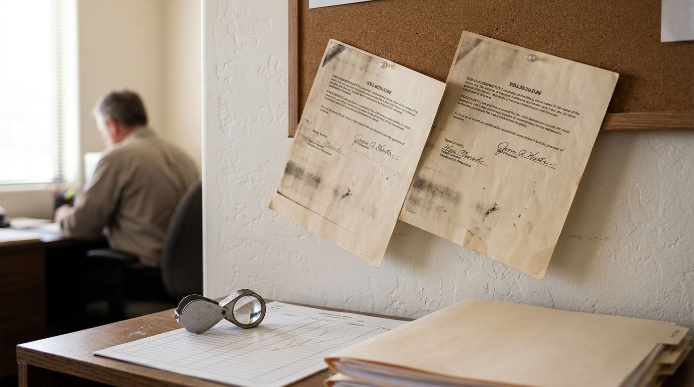 Forged Will Documents Gilbert Arizona Probate Attorney Office Will signature documents pinned to corkboard beside magnifying loupe and legal files