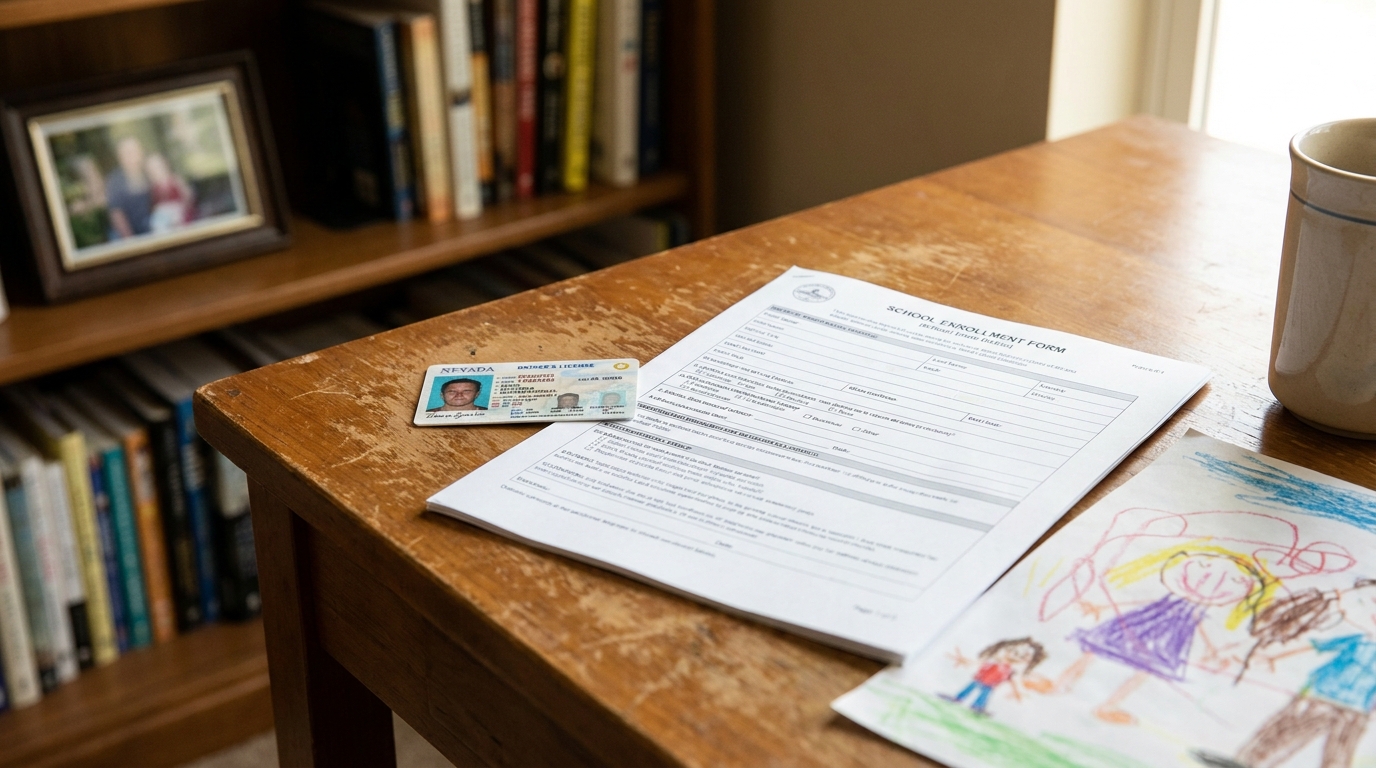Nevada Driver's License School Enrollment Form Las Vegas Relocation Custody School enrollment form and Nevada driver's license on wooden desk with child's drawing