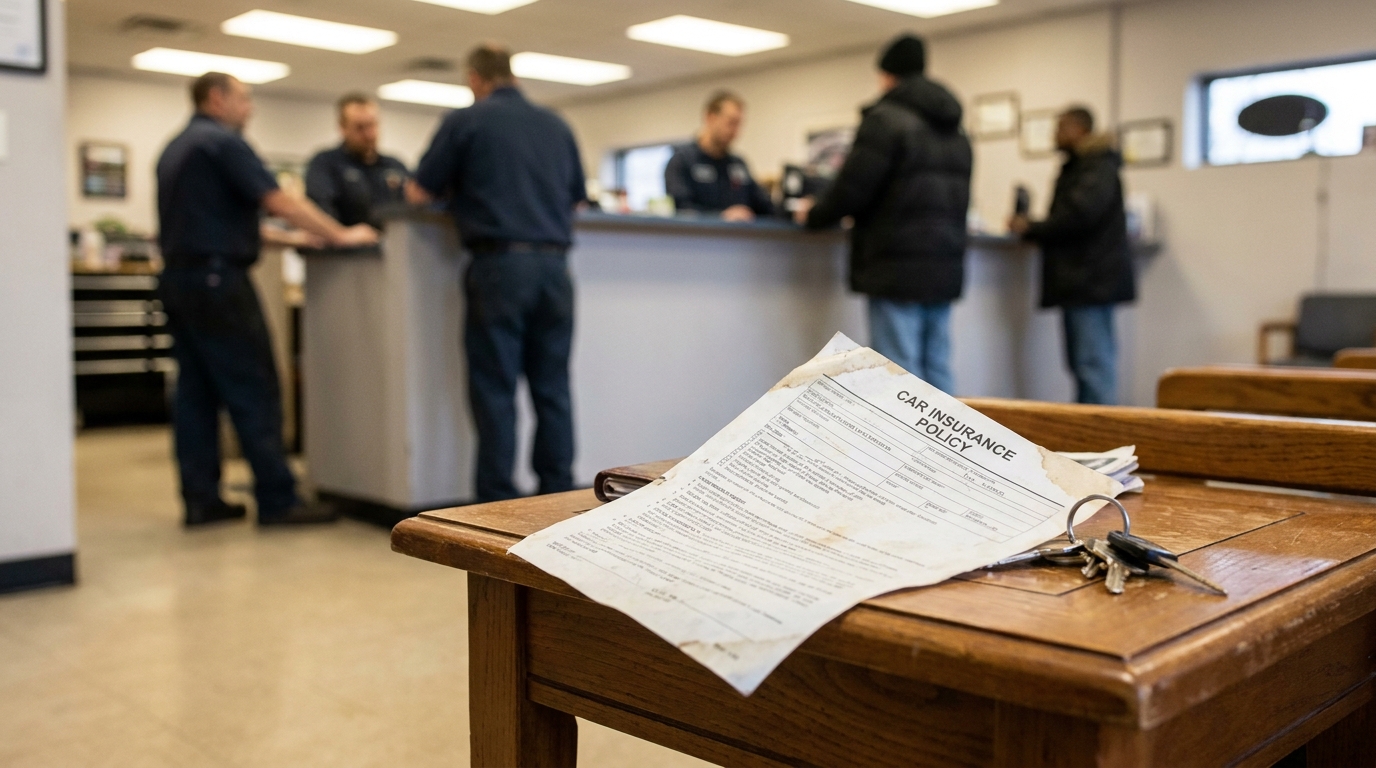 Car insurance policy document and keys on desk inside auto repair shop