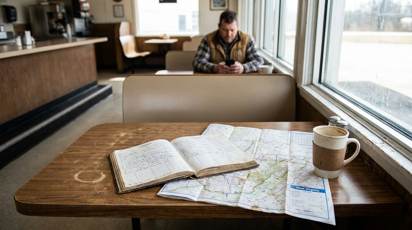Truck Driver Logbook and West Virginia Map at Diner West Virginia road map and handwritten logbook open on diner table with coffee mug