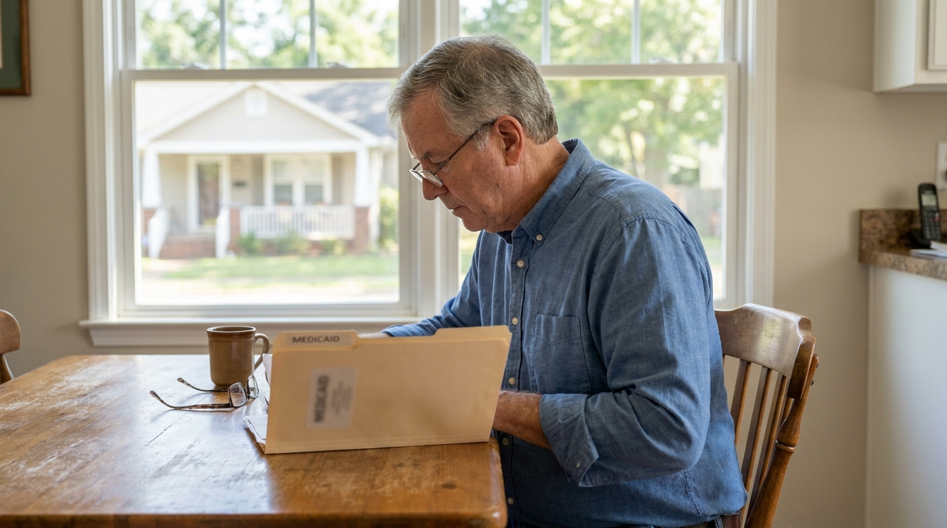 older man reviewing Medicaid folder documents at home kitchen table