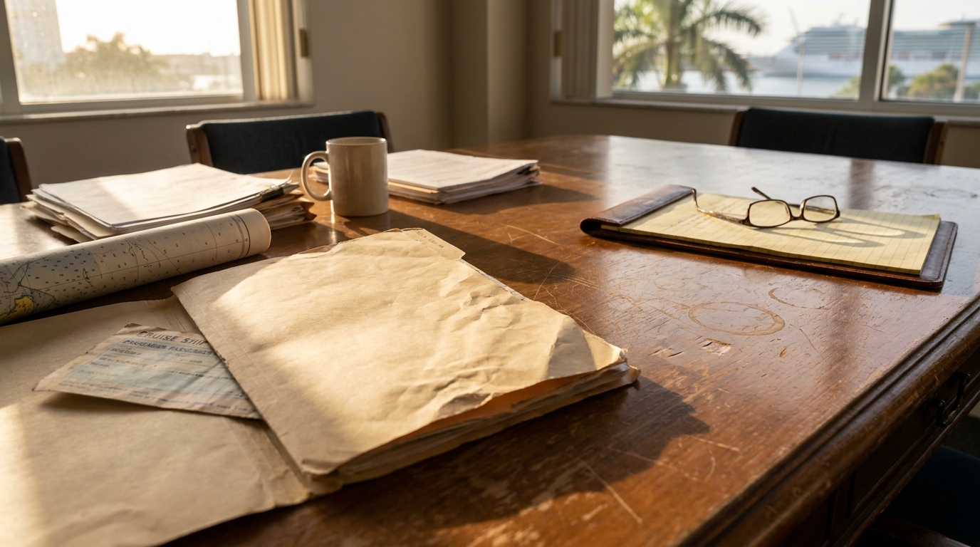 worn wooden table with cruise ship documents, nautical map, legal pad, and eyeglasses