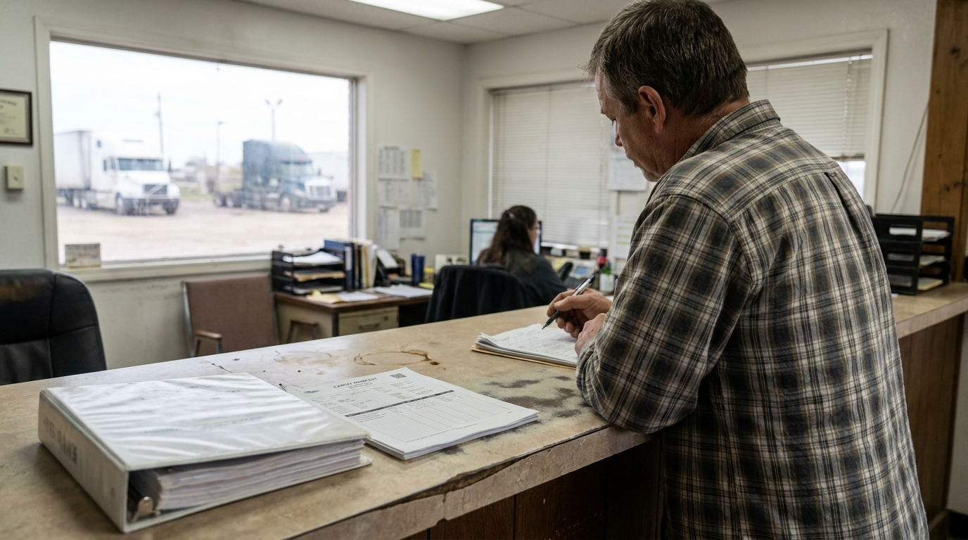 Houston Commercial Truck Carrier Insurance Documents Office man signing documents at trucking dispatch office counter with binder