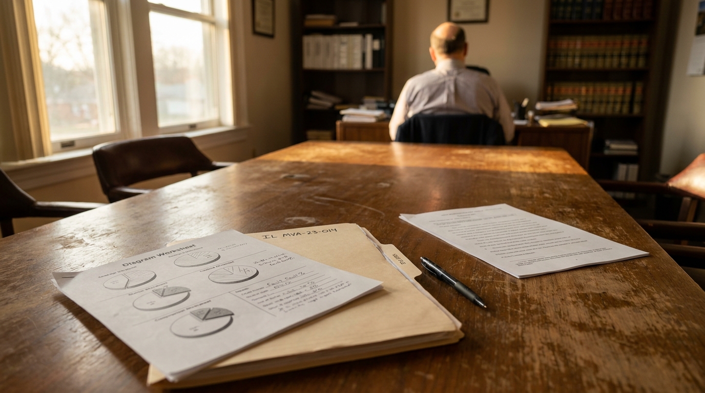 Chicago MVA Lawyer Reviewing Illinois Comparative Negligence Fault Case MVA case file folder and diagram worksheet on wooden desk in law office