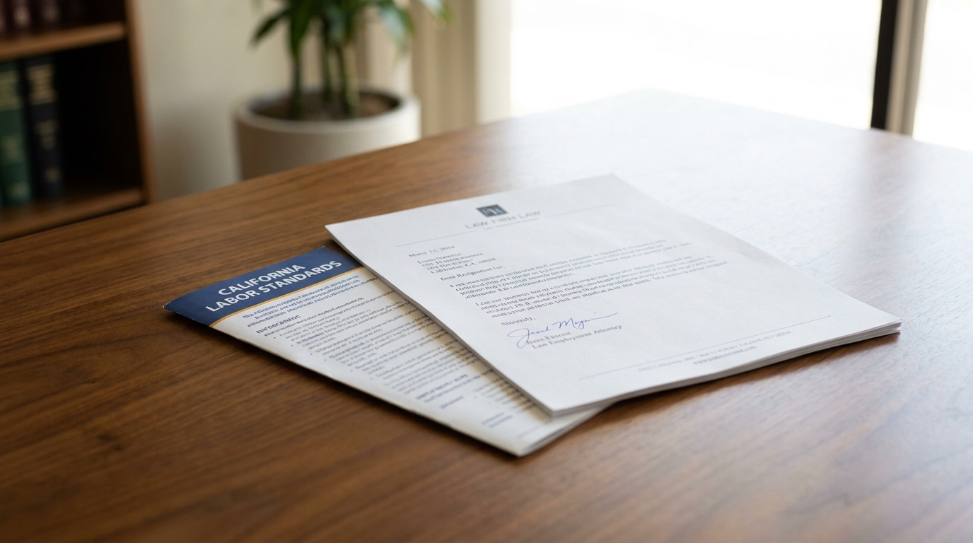 California Labor Standards Forced Resignation Letter Los Angeles California Labor Standards booklet beside signed law firm letter on wooden desk
