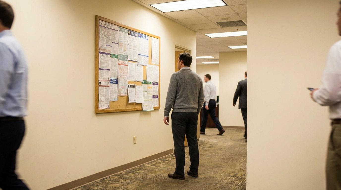 California Employee Reading Workplace Rights Notice Board employee standing in office hallway viewing workplace compliance bulletin board postings