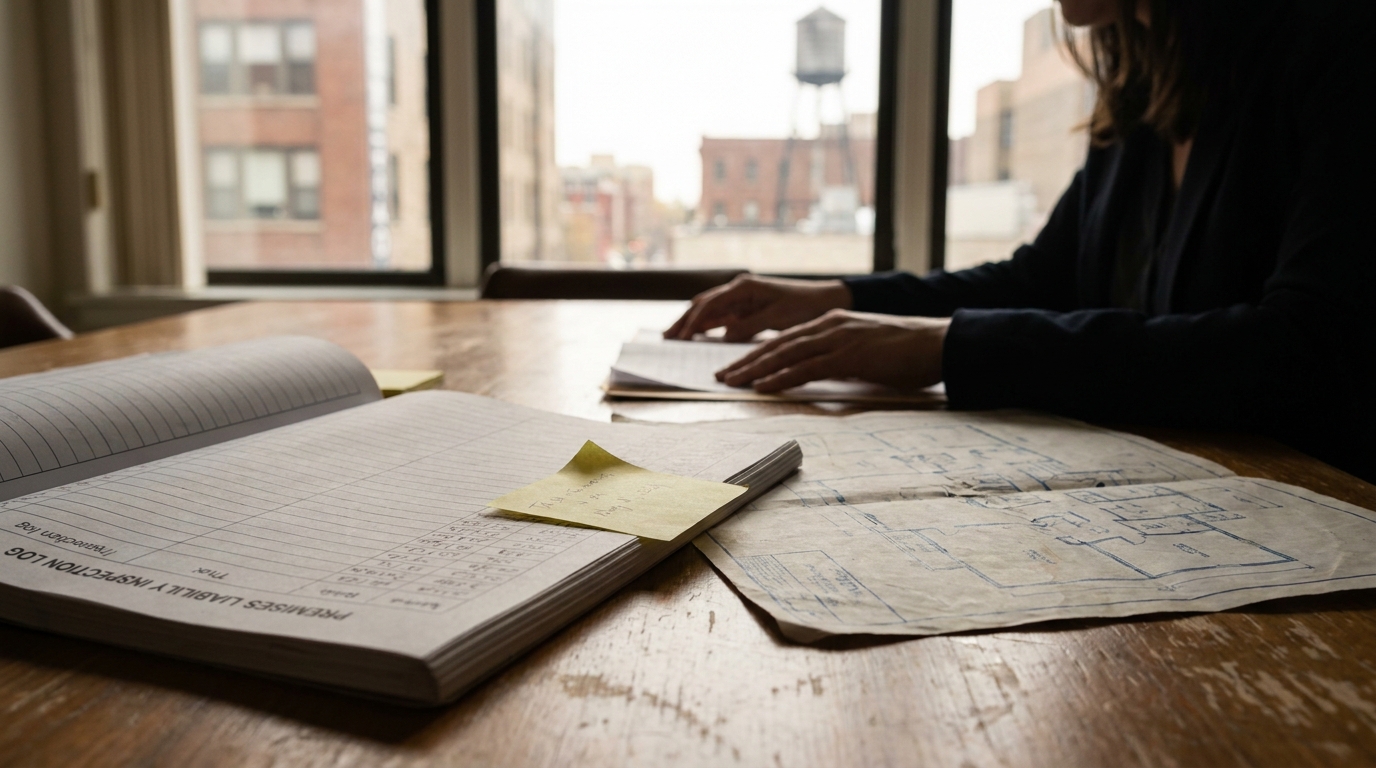 Chicago Premises Liability Inspection Log Review Premises liability inspection log and building blueprint on wooden table