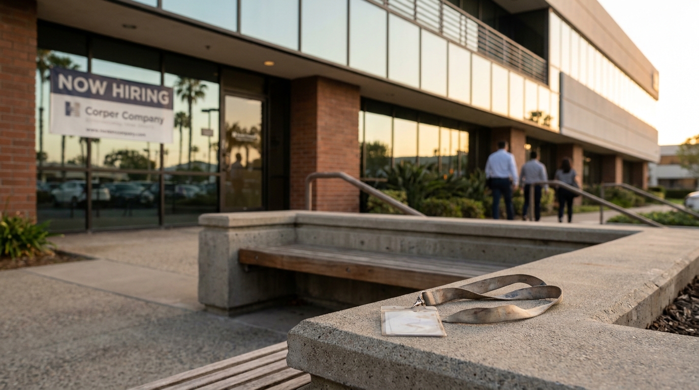 Torrance Employee Fired for Reporting Harassment Wrongful Termination Now Hiring sign on office building exterior with employee ID badge on ledge