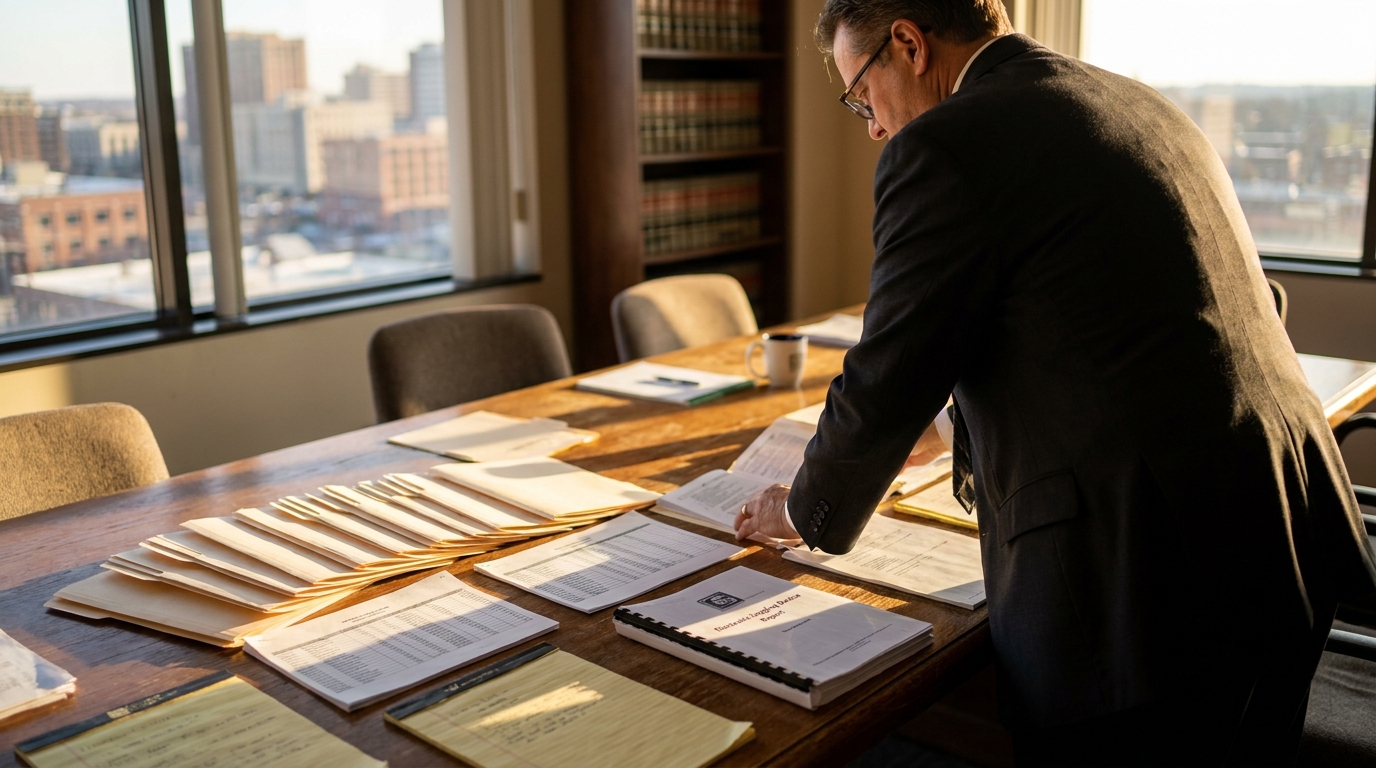 attorney reviewing case files and legal documents spread across conference room table