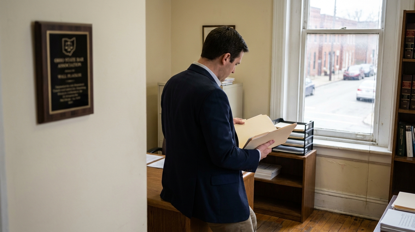 attorney reviewing open manila folder beside Ohio State Bar Association wall plaque