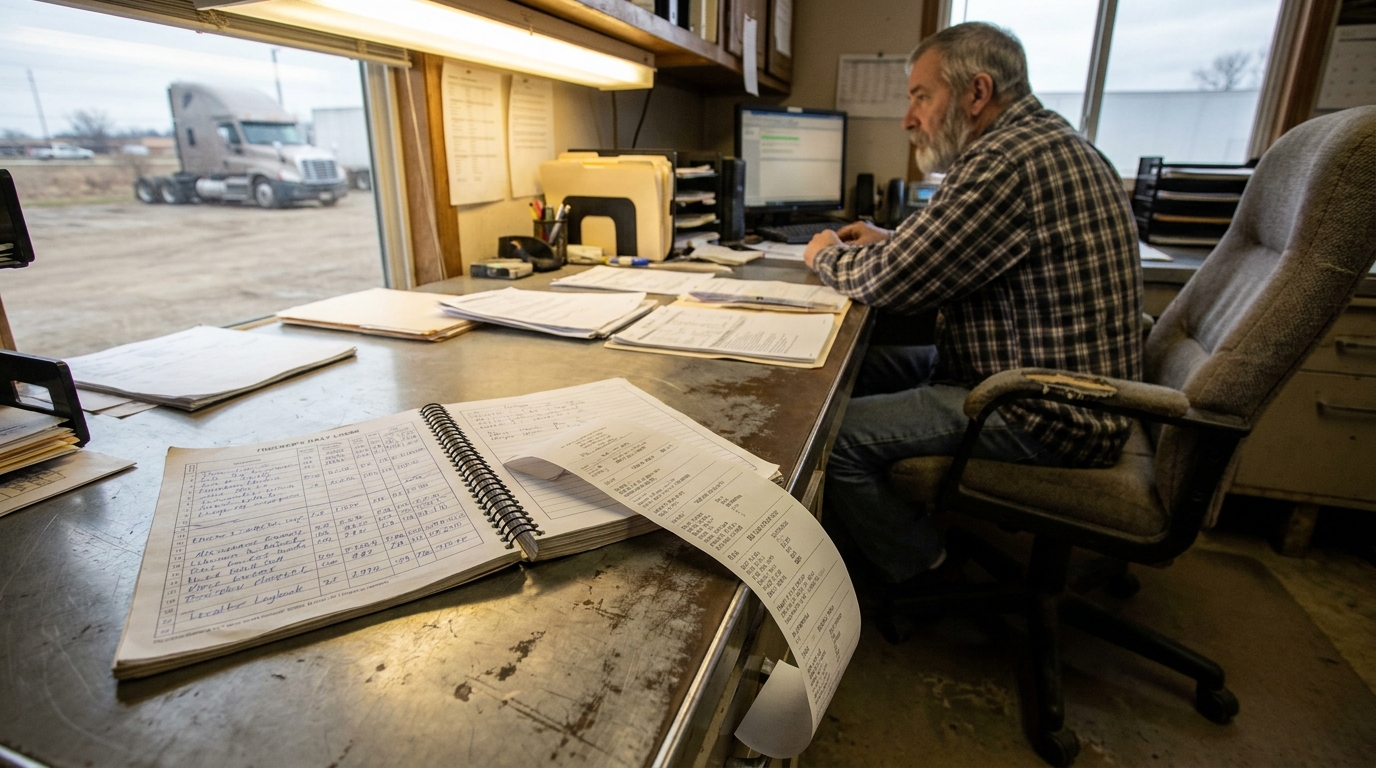 trucking dispatcher reviewing logbook and records at desk with semi-truck visible outside