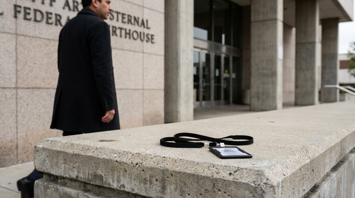 Employee ID Badge Outside Torrance Federal Courthouse ID badge on lanyard resting on ledge outside Federal Courthouse entrance