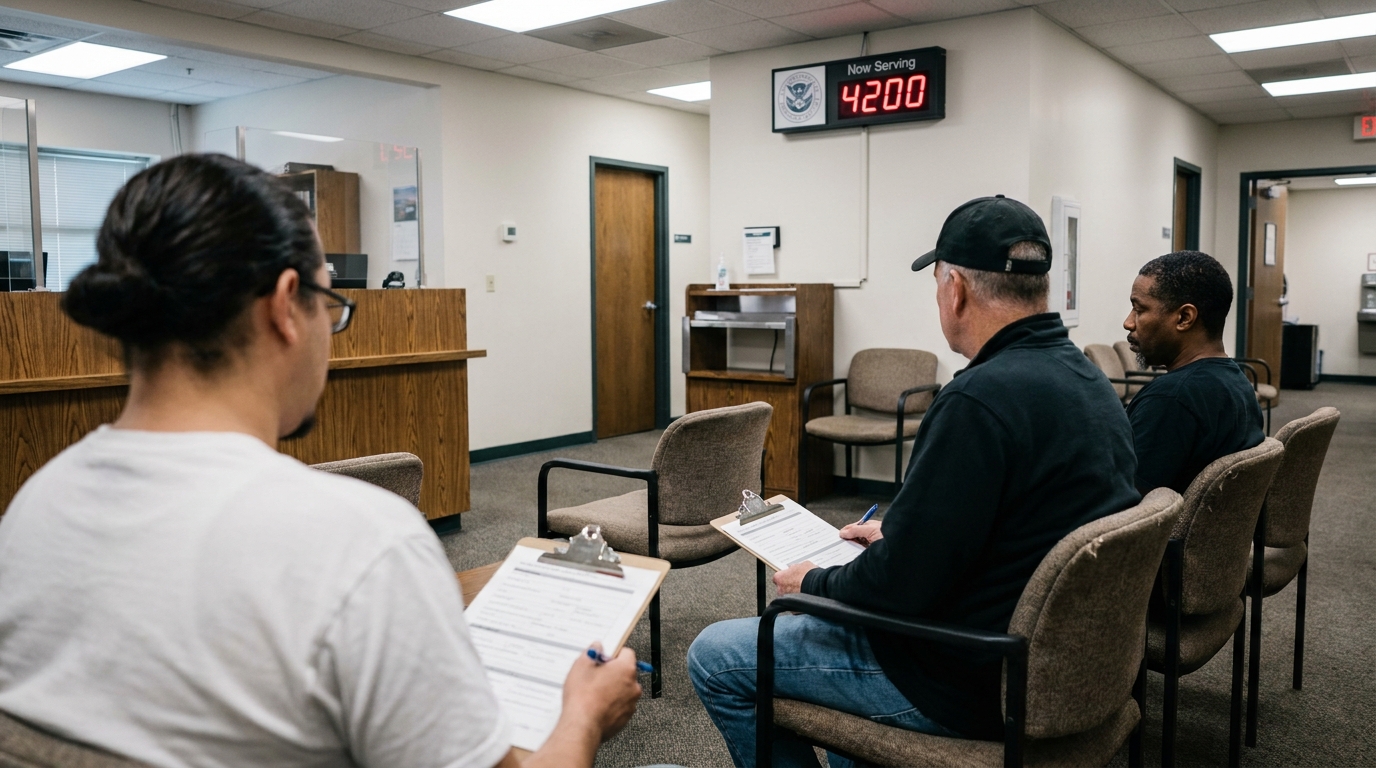 three people seated in government office waiting room holding clipboards with forms