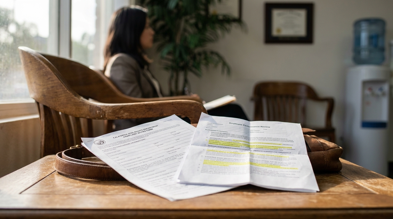 California Civil Rights Complaint Form Workplace Discrimination Evidence California Civil Rights Department complaint form and Employee Performance Review on desk